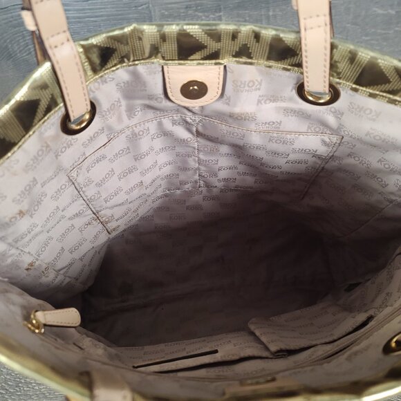 Michael Kors MK Logo Mirror Metallic Gold Monogram Luxury Tote Bag Purse Large - Picture 10 of 13